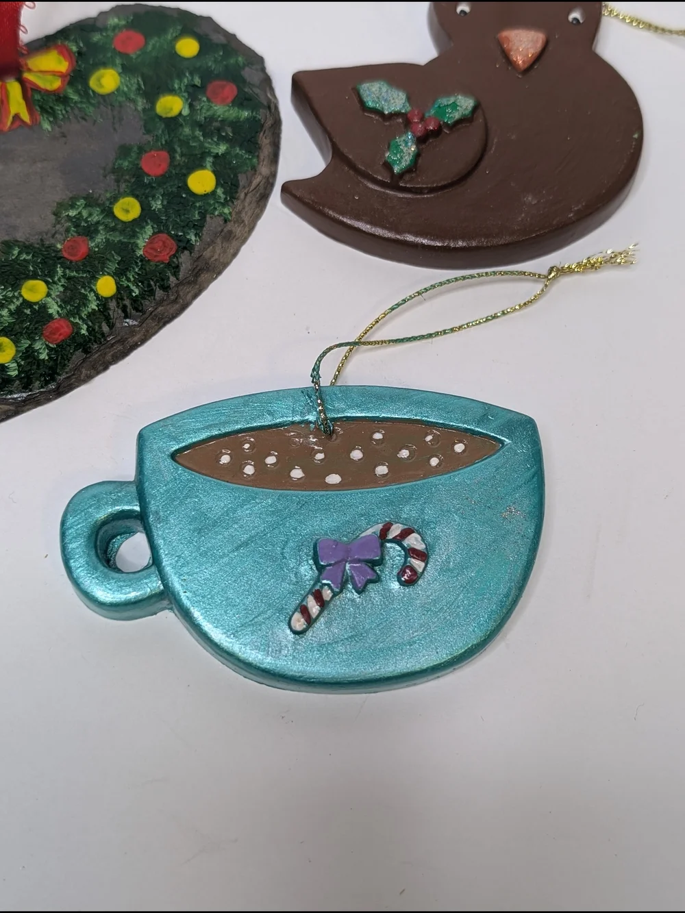 Hand Crafted teal blue brown Christmas Ornament Set